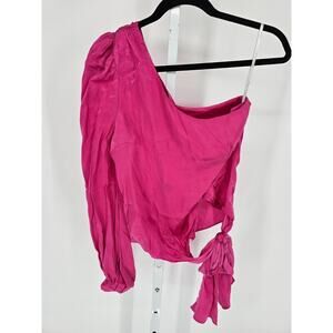 Lovers & Friends Womens Sz XS One Shoulder Stain Blouse Bright Pink Tie Side NEW